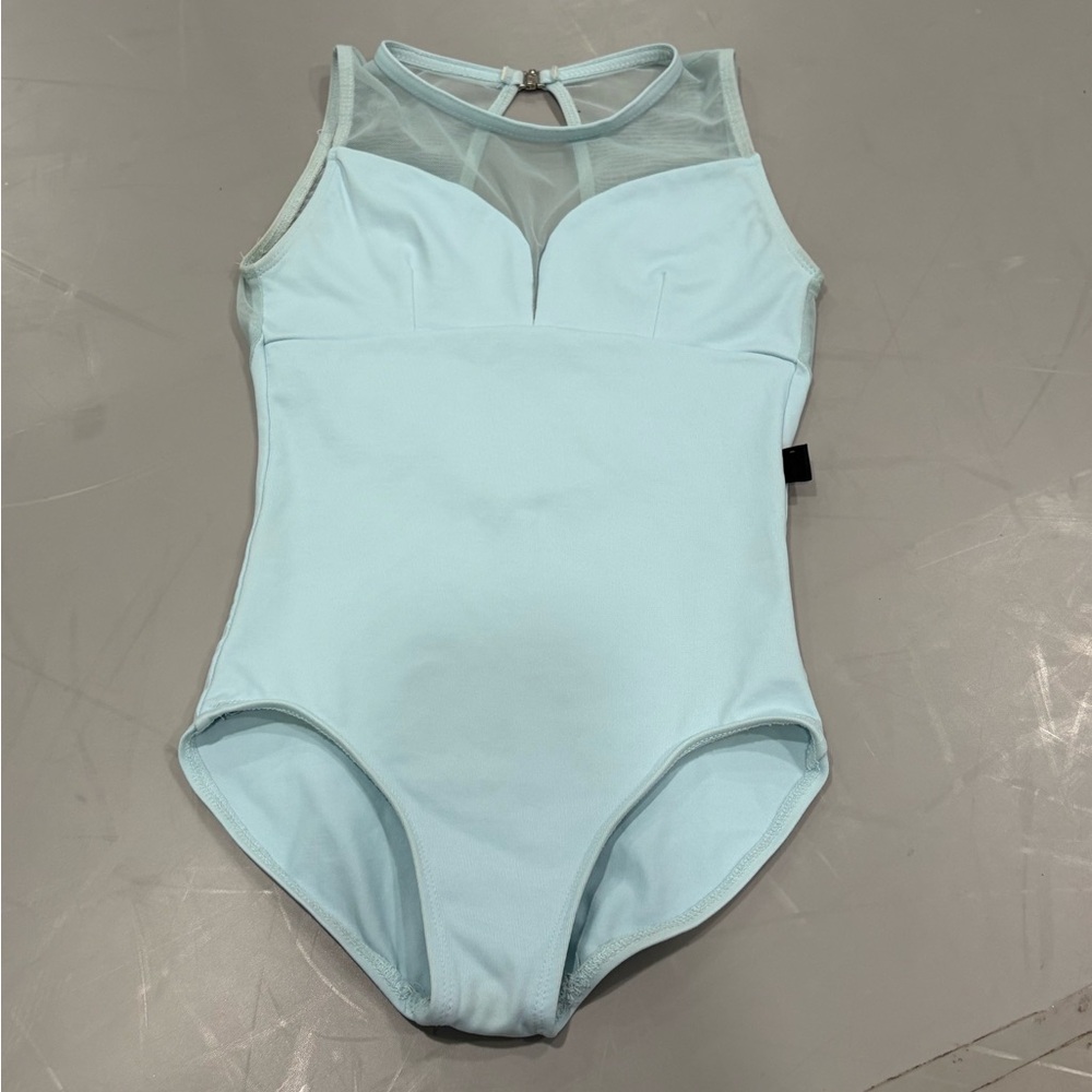 Youth L Ainsliewear light blue leotard with mesh inserts.